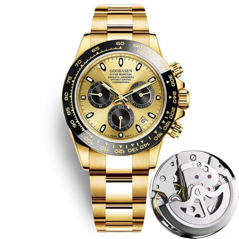 Gold-tone mechanical-style men’s watch with champagne dial and open caseback inset