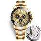 Gold-tone mechanical-style men’s watch with champagne dial and open caseback inset