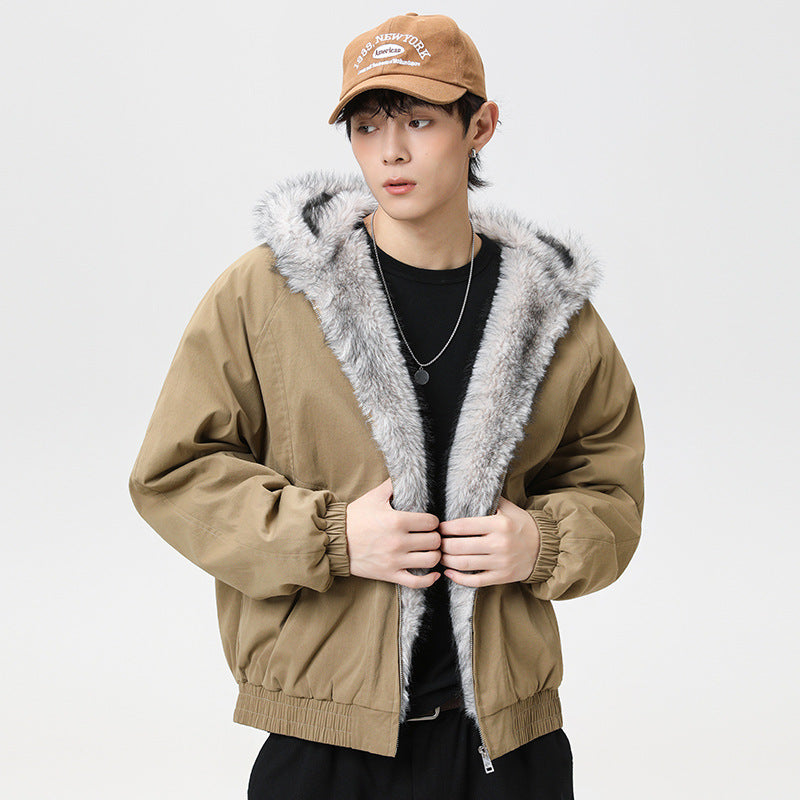 Tan cotton padded jacket with fleece-lined hood and faux fur trim