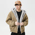 Tan cotton padded jacket with fleece-lined hood and faux fur trim