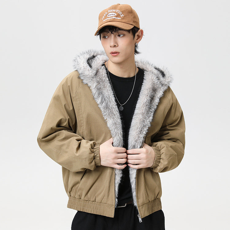 Tan cotton padded jacket with fleece-lined hood and faux fur trim
