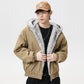 Tan cotton padded jacket with fleece-lined hood and faux fur trim