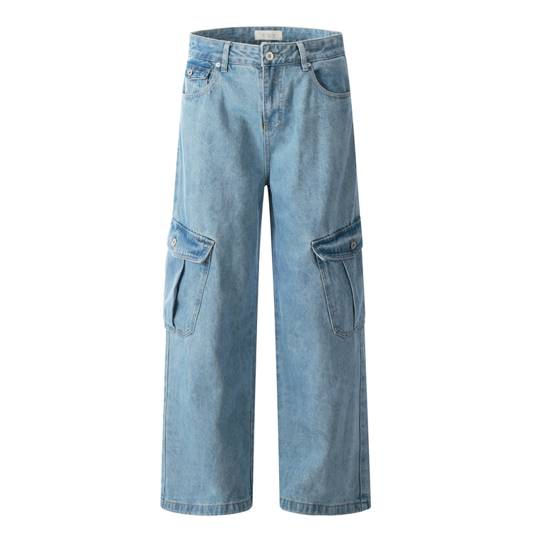 Light blue denim workwear jeans with wide legs and front/back cargo pocket design