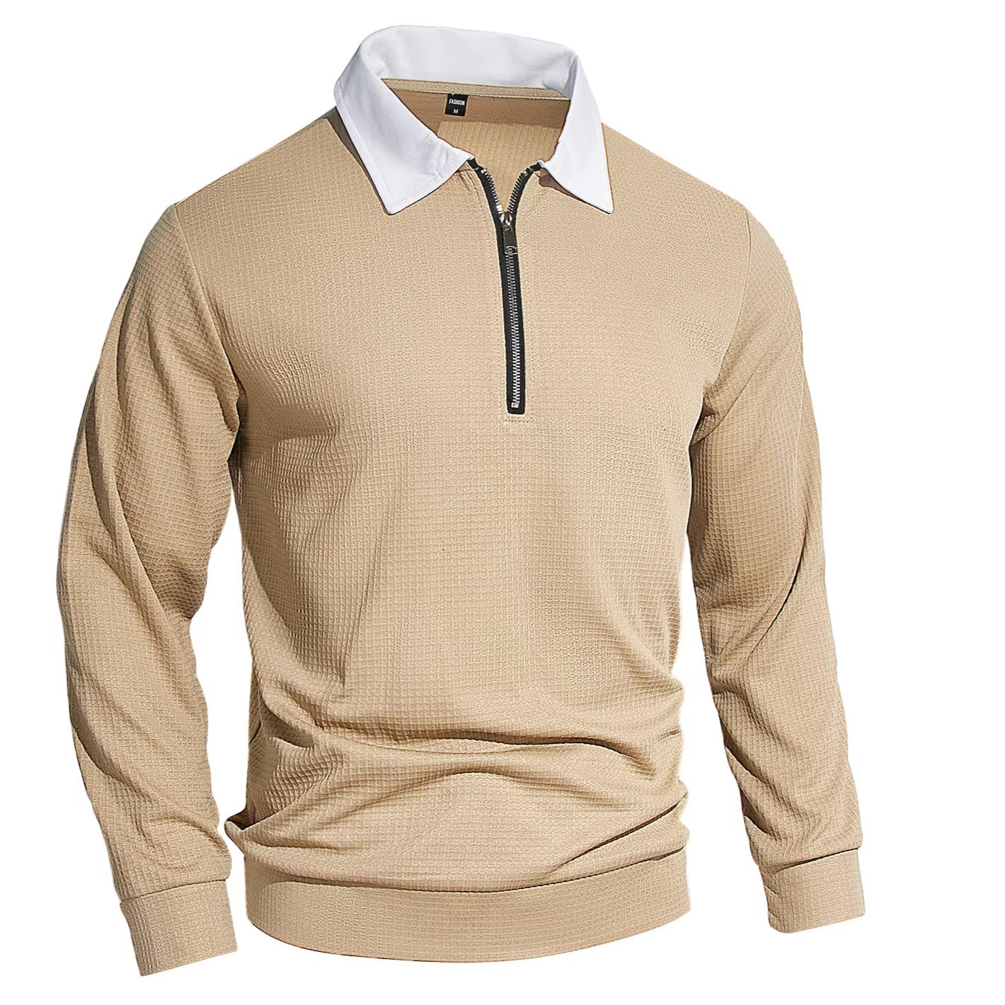 Khaki waffle-knit zip-up shirt with white lapel collar and front quarter zipper