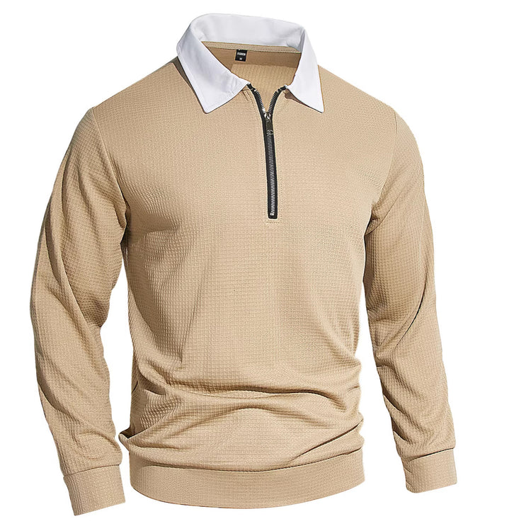 Khaki waffle-knit zip-up shirt with white lapel collar and front quarter zipper