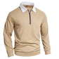 Khaki waffle-knit zip-up shirt with white lapel collar and front quarter zipper