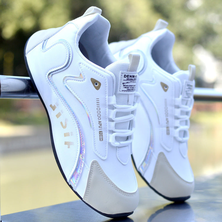 White leather waterproof sneakers with lace-up front and heel tab