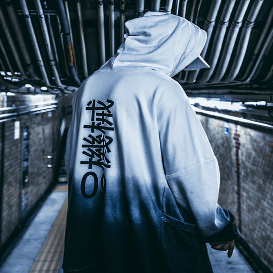 Gradient hoodie with hood and kangaroo pocket, large back graphic text and numbers.