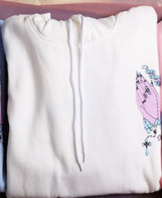 Prayer hands hoodie close-up with drawstring hood, front pocket, printed graphic on sleeve
