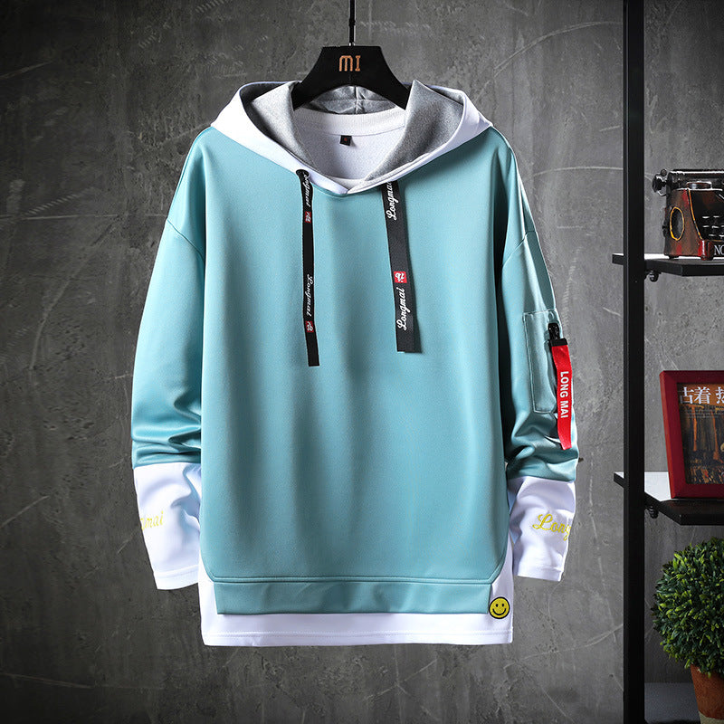 Lake blue hoodie sweater with hood, black drawstrings, kangaroo pocket, contrast inner cuffs