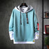 Lake blue hoodie sweater with hood, black drawstrings, kangaroo pocket, contrast inner cuffs