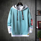Lake blue hoodie sweater with hood, black drawstrings, kangaroo pocket, contrast inner cuffs