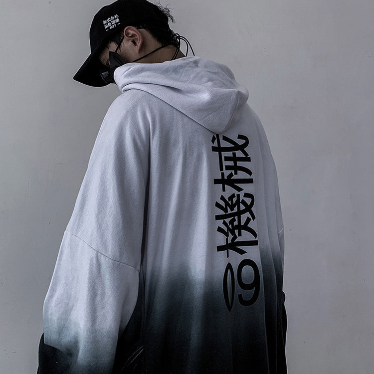 Gradient hoodie with hood and kangaroo pocket, back graphic text with large “9”.