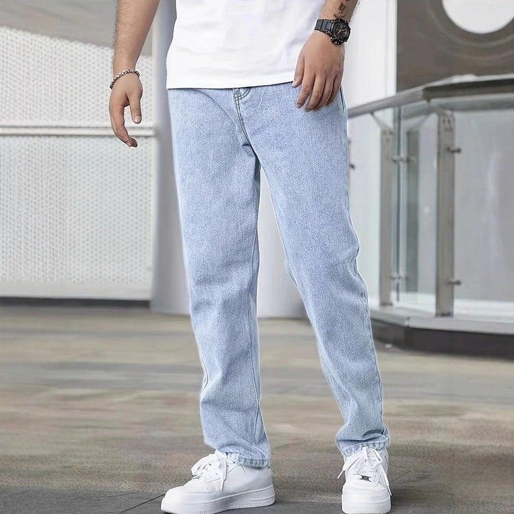 Light blue slim jeans with tapered leg and button-fly front