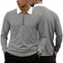 Gray waffle-knit zip-up shirt back view, long sleeves, white collar trim