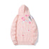Pink cat print hoodie with zebra cat and flower graphic, hood and ribbed hem