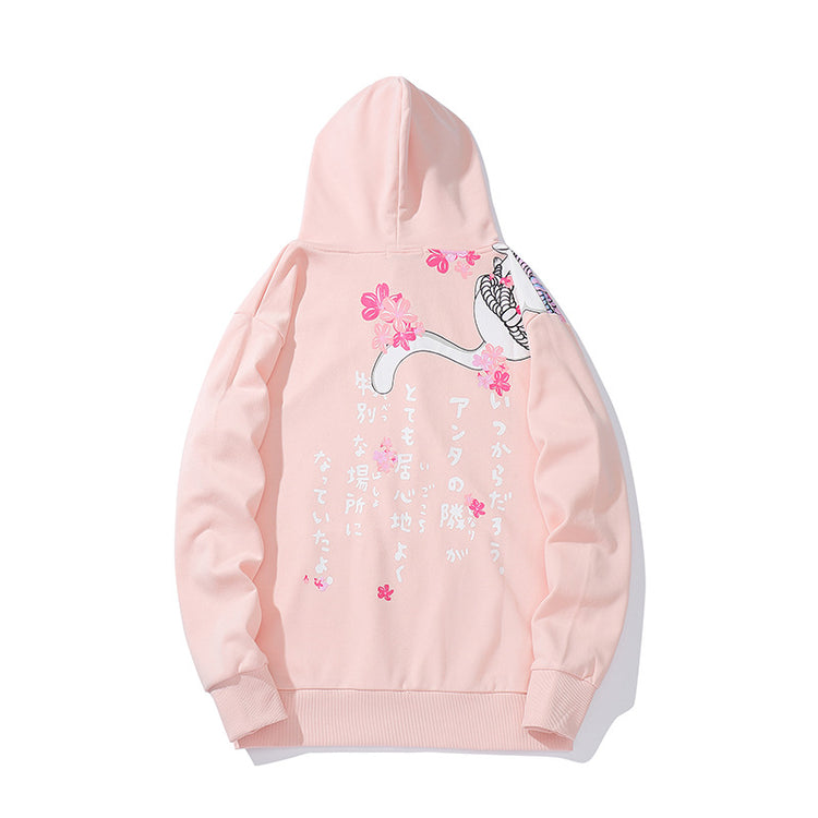Pink cat print hoodie with zebra cat and flower graphic, hood and ribbed hem