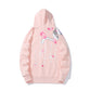 Pink cat print hoodie with zebra cat and flower graphic, hood and ribbed hem