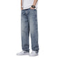 Light blue straight jeans, relaxed straight-leg silhouette with front pockets