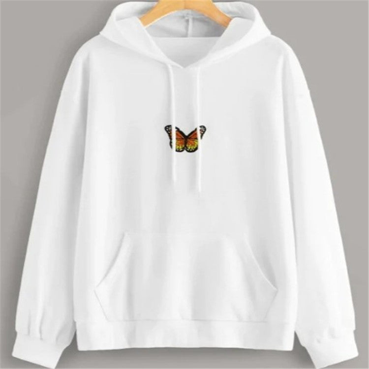 Butterfly-embroidered white hoodie with kangaroo pocket and drawstring hood