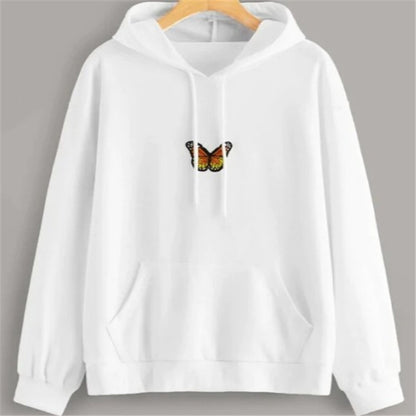 Butterfly-embroidered white hoodie with kangaroo pocket and drawstring hood