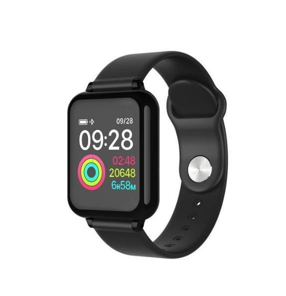 Black smart sports watch with square screen and rainbow app icon, 09:28 display
