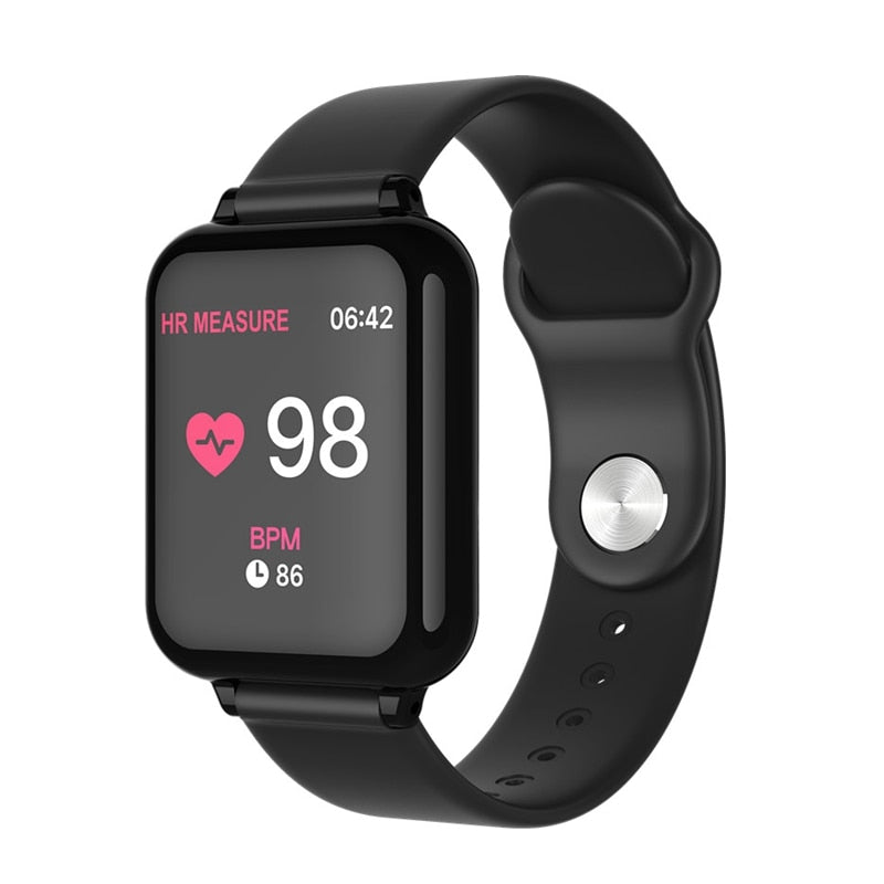 Black smart sports watch with heart-rate screen showing 98 and HR measure label