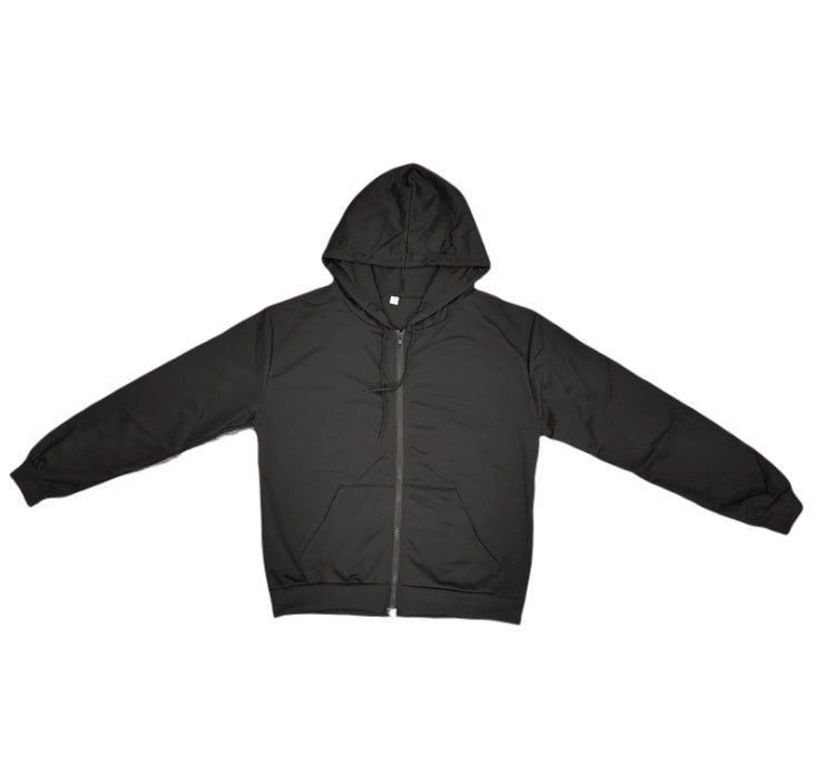 Black zip-up hoodie jacket with attached hood and front zipper, long sleeves.