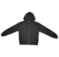 Black zip-up hoodie jacket with attached hood and front zipper, long sleeves.