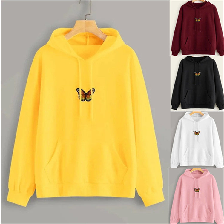 Butterfly-embroidered yellow hoodie with kangaroo pocket and drawstring hood