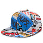 Blue baseball cap with multicolor abstract typography print, curved brim