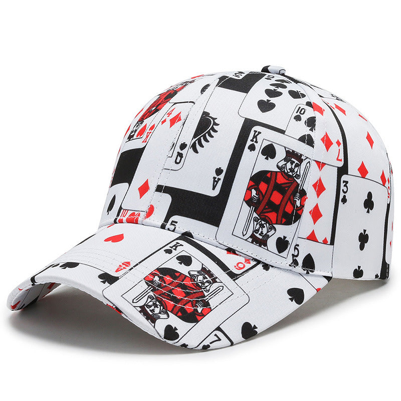 White baseball cap with playing-card print in black, red, and suit symbols