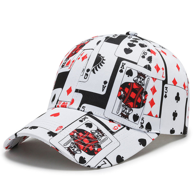 White baseball cap with playing-card print in black, red, and suit symbols