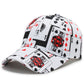 White baseball cap with playing-card print in black, red, and suit symbols