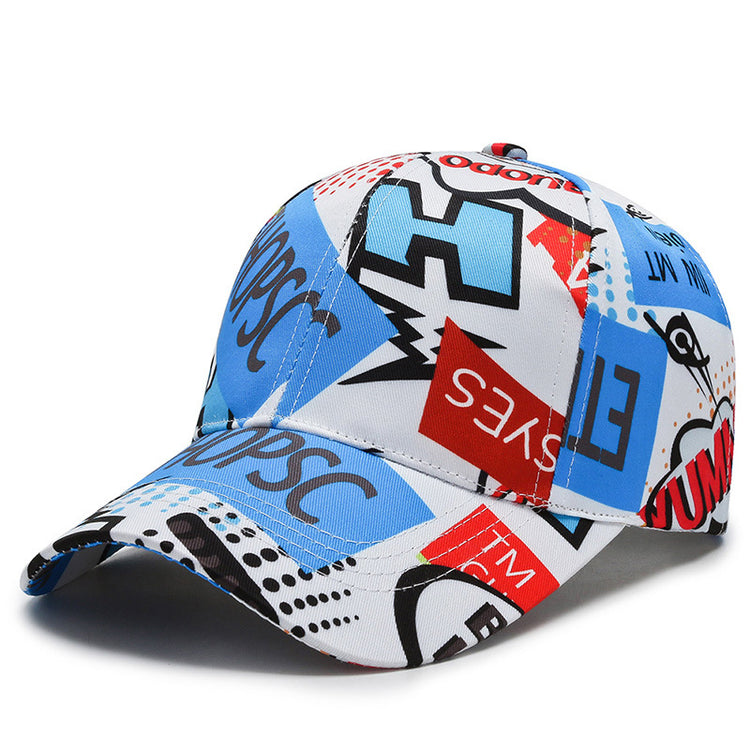 Light blue baseball cap with bold graphic and comic-style print, curved brim