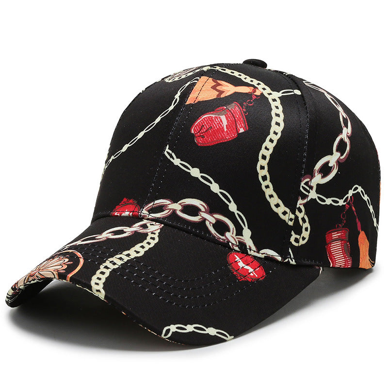 Black baseball cap with colorful chain and drink icon print, curved brim