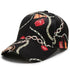 Black baseball cap with multicolor chain and small emblem print, curved brim