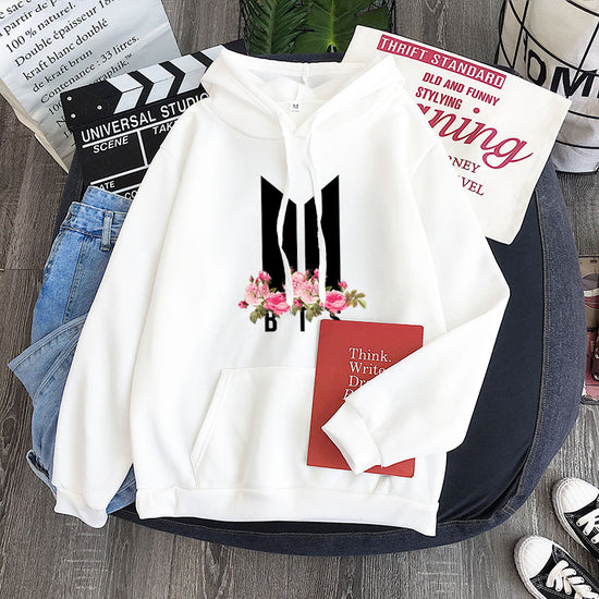 White youth hoodie with heart-flower garland graphic, hood and front kangaroo pocket