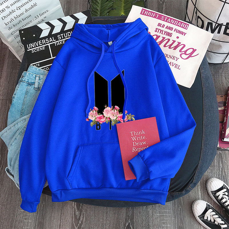Royal blue youth hoodie with heart-flower garland graphic, drawstring hood and front pocket