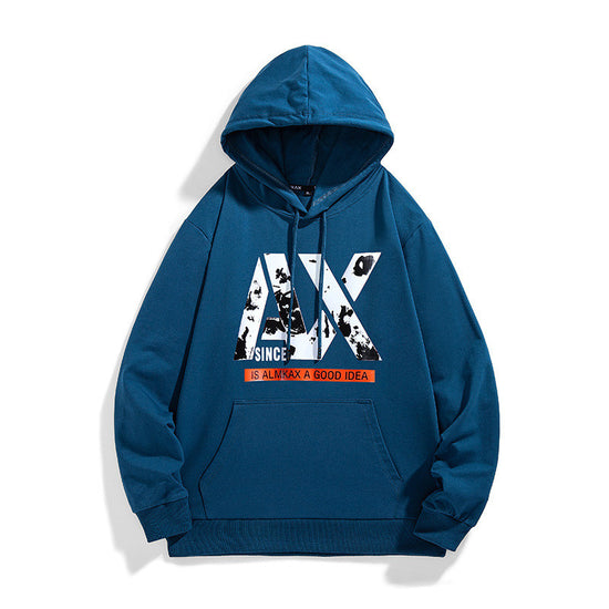 Dark blue long sleeve hoodie with hood, drawstring, kangaroo pocket, front graphic