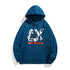 Dark blue pullover hoodie with hood, drawstring, kangaroo pocket, centered graphic