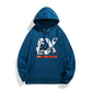 Dark blue pullover hoodie with hood, drawstring, kangaroo pocket, centered graphic