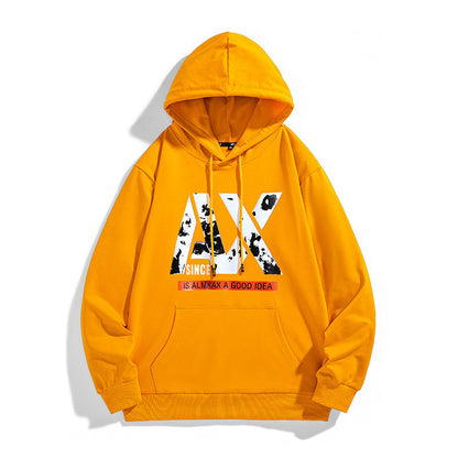 Yellow long sleeve hoodie with hood, drawstring, kangaroo pocket, front graphic
