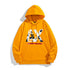 Yellow long sleeve hoodie with hood, drawstring, kangaroo pocket, front graphic