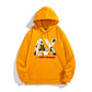 Yellow long sleeve hoodie with hood, drawstring, kangaroo pocket, front graphic