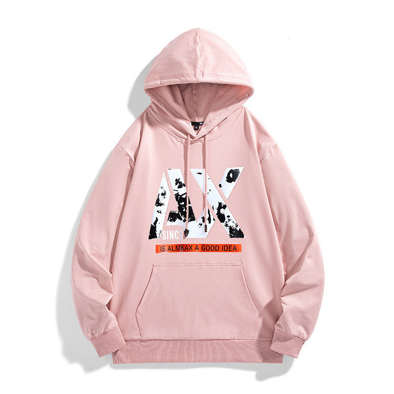 Pink long sleeve hoodie with hood, drawstring, kangaroo pocket, front graphic