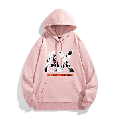 Pink long sleeve hoodie with hood, drawstring, kangaroo pocket, front graphic