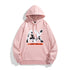 Pink long sleeve hoodie with hood, drawstring, kangaroo pocket, front graphic
