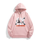 Pink long sleeve hoodie with hood, drawstring, kangaroo pocket, front graphic