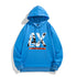 Blue long sleeve hoodie with hood, drawstring, kangaroo pocket, front graphic